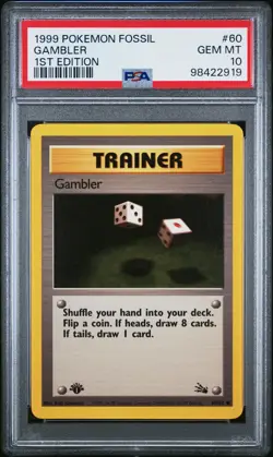 1999 POKEMON FOSSIL 1ST ED #60 GAMBLER PSA 10 - Image 1