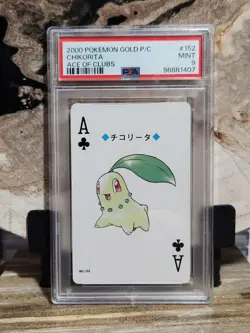 Pokemon PSA 9 MINT Chikorita #152 Gold Deck Poker Card Ace Of Clubs - Image 1
