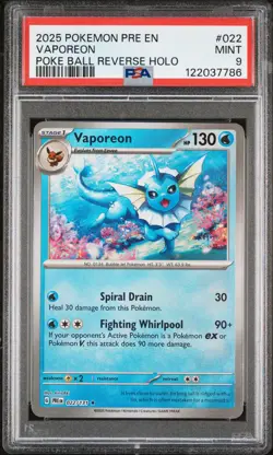 2025 POKEMON PRE EN-PRISMATIC EVOLUTIONS POKE BALL REVERSE HOLO VAPOREON PSA 9 - Image 1