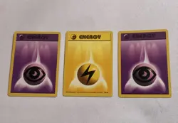 3 Pokemon Game Cards 1999 Base Original Pokemon Purple 101 Yellow 100 Energy - Image 1