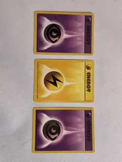 3 Pokemon Game Cards 1999 Base Original Pokemon Purple 101 Yellow 100 Energy - Image 2