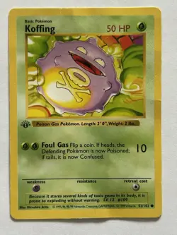 1st Edition Shadowless Koffing 51/102 Base Set Rare Vintage 1999 Pokemon Card - Image 1