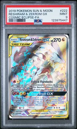 PSA 9 2019 POKEMON SUN & MOON COSMIC ECLIPSE #222 FULL ART RESHIRAM & ZEKROM GX - Image 1
