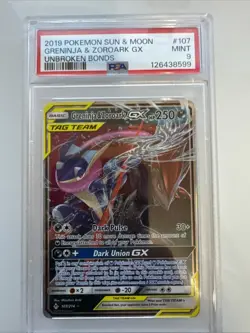 Greninja & Zoroark GX #107/214 Sun & Moon Unbroken Bonds Tag Team 2019 PSA 9 - Image 1