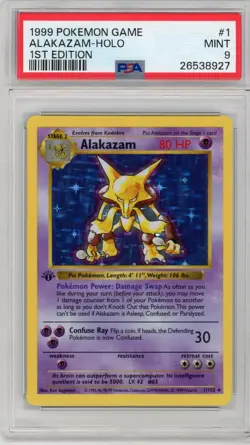 1st Edition Alakazam PSA 9 Shadowless Base Set Pokemon Card Holo WOTC - Image 1