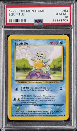 1999 POKEMON BASE SET UNLIMITED #63 SQUIRTLE PSA 10 - Image 1