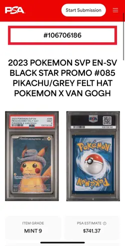 Pokemon Pikachu TCG Grey Felt Hat #085 Van Gogh Promo Card PSA 9 - Image 3