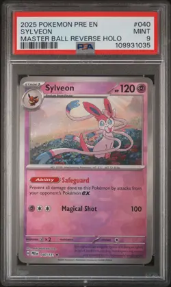 2025 POKEMON PRE EN-PRISMATIC EVOLUTIONS MASTER BALL REVERSE HOLO SYLVEON PSA 9 - Image 1