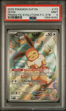 2025 POKEMON PRISMATIC EVOLUTIONS POKEMON CENTER ETB SVP PROMO #173 EEVEE PSA 9 - Image 1