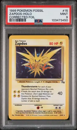 1999 POKEMON FOSSIL CORRECTED FOIL #15 ZAPDOS-HOLO PSA 9 - Image 1