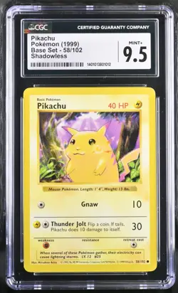 Pokemon 1999 Pikachu Yellow Cheeks Shadowless CGC 9.5 Base Set #58 PSA BGS 9 10 - Image 1