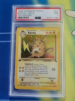 1999 Holo Rare Raichu 14/62 Fossil Pokemon Card 1st Edition Psa 7 - Image 1