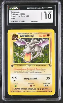 CGC 10 GEM MINT Aerodactyl 1999 Fossil 1st Edition 1/62 Holo Pokemon Card - Image 1