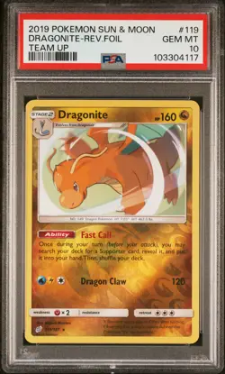2019 POKEMON SUN & MOON TEAM UP #119 DRAGONITE-REVERSE FOIL PSA 10 - Image 1