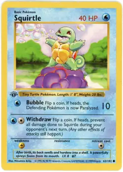 Pokemon Squirtle 63/102 Shadowless Base Set WOTC 1999 Vintage - Image 1