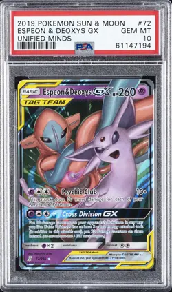 2019 POKEMON SUN & MOON UNIFIED MINDS #72 ESPEON & DEOXYS GX PSA 10 - Image 1