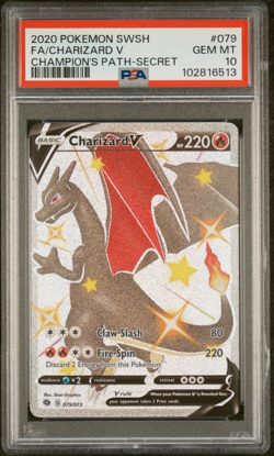 2020 POKEMON SWORD & SHIELD CHAMPIONS PATH SECRET #079 FA/CHARIZARD V PSA 10 - Image 1