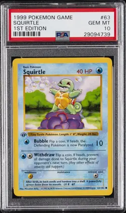 1999 POKEMON BASE SET 1ST EDITION #63 SQUIRTLE PSA 10 - Image 1