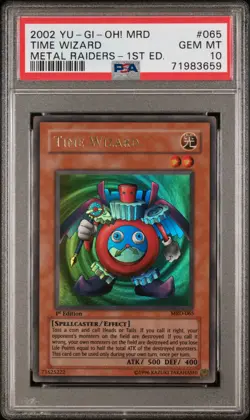 2002 YU-GI-OH! MRD-METAL RAIDERS 1ST ED #065 TIME WIZARD PSA 10 - Image 1