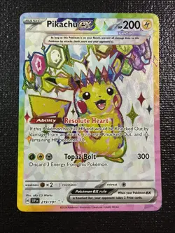 Pokemon TCG Sv08: Surging Sparks Pikachu EX Holo Card 219/191 NM Condition - Image 2