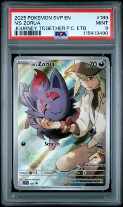 2025 POKEMON JOURNEY TOGETHER POKEMON CENTER ETB SVP PROMO #189 N'S ZORUA PSA 9 - Image 1