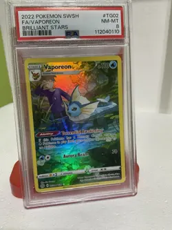 Pokemon Vaporeon TCG Brilliant Stars Holo Card TG02/TG30 Secret Rare PSA 8 - Image 1