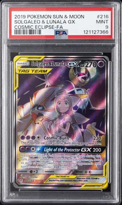 2019 POKEMON SUN & MOON COSMIC ECLIPSE #216 FULL ART/SOLGALEO & LUNALA GX PSA 9 - Image 1