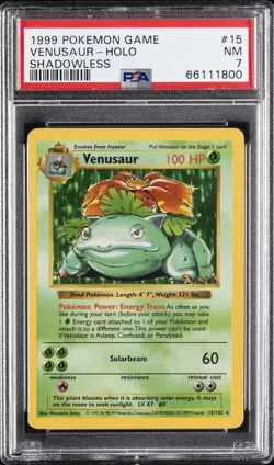 1999 POKEMON BASE SET SHADOWLESS #15 VENUSAUR-HOLO PSA 7 - Image 1