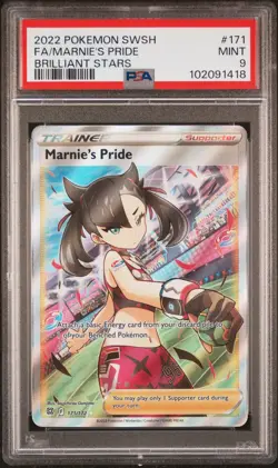 2022 POKEMON SWORD & SHIELD BRILLIANT STARS #171 FULL ART/MARNIE'S PRIDE PSA 9 - Image 1