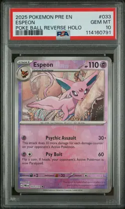 2025 POKEMON PRE EN-PRISMATIC EVOLUTIONS POKE BALL REVERSE HOLO ESPEON PSA 10 - Image 1