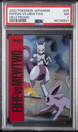 2002 POKEMON JPN MEIJI PROMO #05 ESPEON VS MEWTWO PSA 7 - Image 1