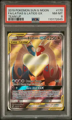 2019 POKEMON SUN & MOON TEAM UP #170 FULL ART/LATIAS & LATIOS GX PSA 8 - Image 1