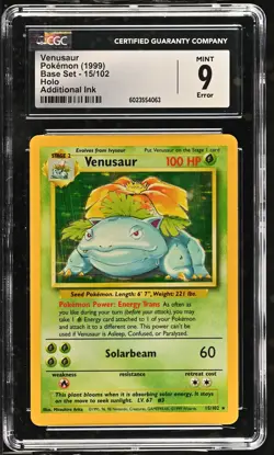 CGC 9 MINT Additional Ink Error Venusaur 1999 Base Set 15/102 Holo Pokemon Card - Image 1