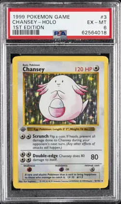 1999 POKEMON BASE SET 1ST EDITION #3 CHANSEY-HOLO PSA 6 - Image 1