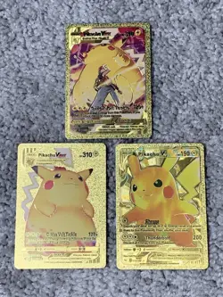 Pokemon Pikachu 2 X VMax's HP310's+V HP190 Gold Foil Fan Art Cards - Image 1