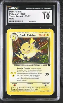 CGC 10 GEM MINT Dark Raichu 2000 Team Rocket 83/82 Holo Pokemon Card - Image 1