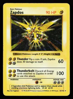 Zapdos 16/102 Holo Rare Base Set (Shadowless) Pokemon Card - Image 1