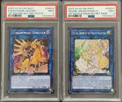 2023 PSA 9 YUGIOH RA01 PLATINUM SECRET RARE KNIGHTMARE UNICORN & SELENE SET - Image 1