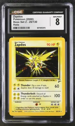 CGC 8 Zapdos 2000 Base Set 2 20/130 Holo Pokemon Card - Image 1
