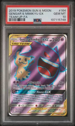 2019 POKEMON SUN & MOON TEAM UP #164 FULL ART/GENGAR & MIMIKYU GX PSA 10 - Image 1