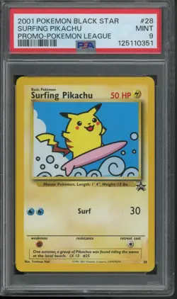 2001 POKEMON BLACK STAR PROMOS #28 SURFING PIKACHU PROMO POKEMON LEAGUE PSA 9 - Image 1