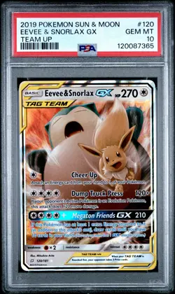2019 POKEMON SUN & MOON TEAM UP #120 EEVEE & SNORLAX GX PSA 10 - Image 1