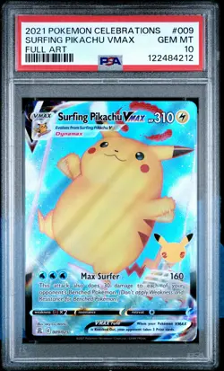 2021 POKEMON CELEBRATIONS #009 FULL ART/SURFING PIKACHU VMAX PSA 10 - Image 1
