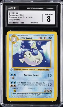 1999 POKEMON BASE SET 1ST EDITION GRAY STAMP #25/102 DEWGONG CGC 8 - Image 1