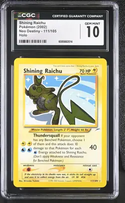 CGC 10 GEM MINT Shining Raichu 2002 Neo Destiny 111/105 Holo Pokemon Card - Image 1