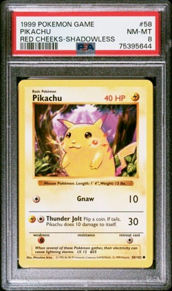 1999 Pokemon TCG Game Pikachu Red Cheeks Shadowless #58 PSA 8 Near Mint Rare - Image 1