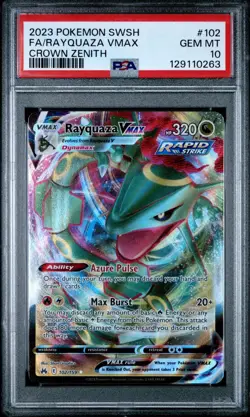 2023 POKEMON SWORD & SHIELD CROWN ZENITH #102 RAYQUAZA VMAX FULL ART PSA 10 - Image 1