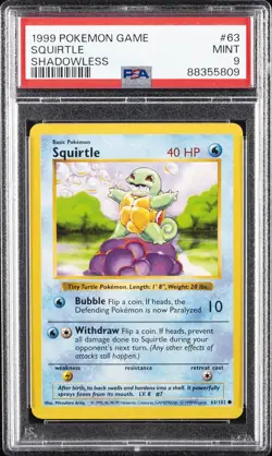 1999 POKEMON BASE SET SHADOWLESS #63 SQUIRTLE PSA 9 - Image 1