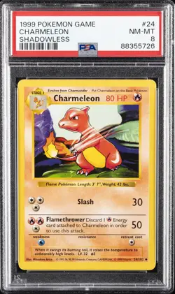 1999 POKEMON BASE SET SHADOWLESS #24 CHARMELEON PSA 8 - Image 1