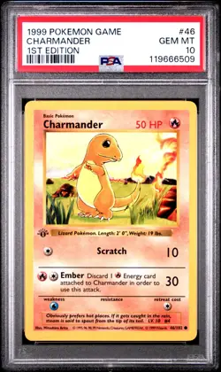 1999 Charmander Pokemon Base Set Shadowless 1st Edition #46 PSA 10 GEM MINT - Image 1